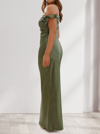 Sheath/Column Off-the-Shoulder Sleeveless Ruched Floor-Length Evening Dresses with Bow(s)