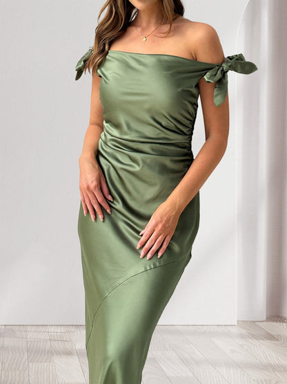 Sheath/Column Off-the-Shoulder Sleeveless Ruched Floor-Length Evening Dresses with Bow(s)