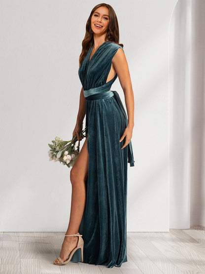 A-Line/Princess V-Neck Sleeveless Ruched Velvet Evening Dresses with Split Side & Ruffles