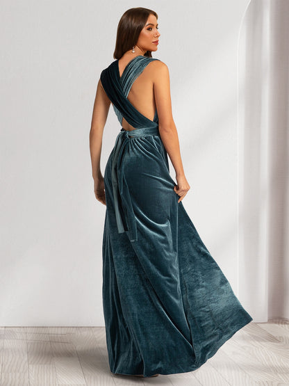 A-Line/Princess V-Neck Sleeveless Ruched Velvet Evening Dresses with Split Side & Ruffles