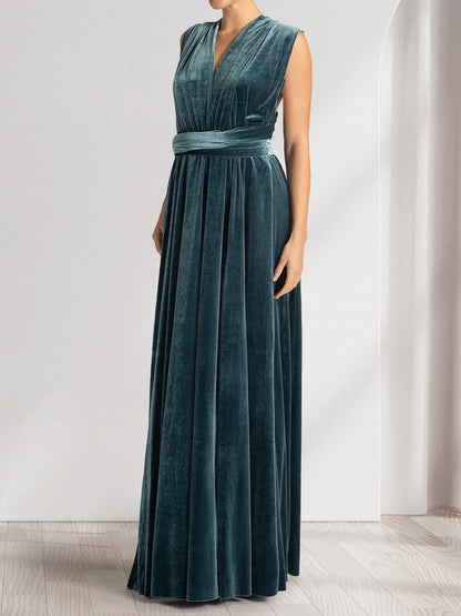 A-Line/Princess V-Neck Sleeveless Ruched Velvet Evening Dresses with Split Side & Ruffles