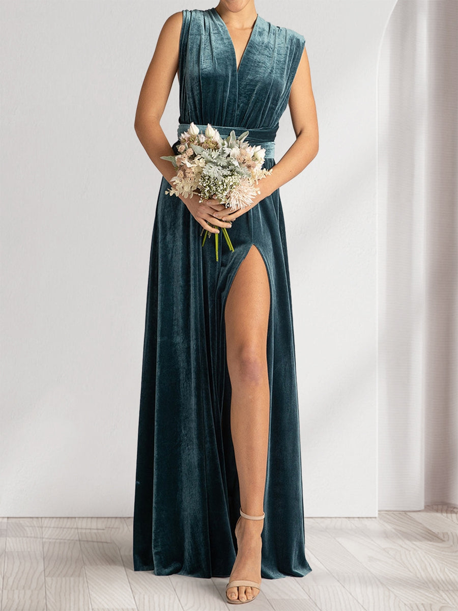 A-Line/Princess V-Neck Sleeveless Ruched Velvet Evening Dresses with Split Side & Ruffles