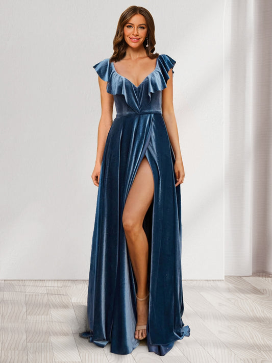 A-Line/Princess V-Neck Ruched Velvet Floor-Length Evening Dresses with Split Side