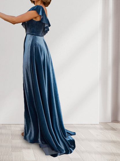 A-Line/Princess V-Neck Ruched Velvet Floor-Length Evening Dresses with Split Side