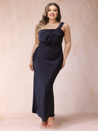 Sheath/Column One-Shoulder Ruched Ankle-Length Satin Plus Size Mother of the Bride Dresses