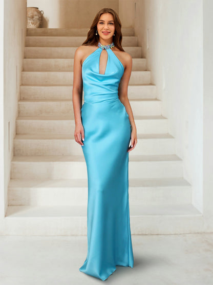 Sheath/Column Halter Ruched Floor-Length Sexy Long Prom Dresses with Rhinestone