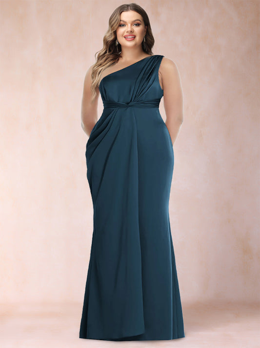 Sheath/Column One-Shoulder Ruched Floor-Length Plus Size Evening Dresses with Ruffles