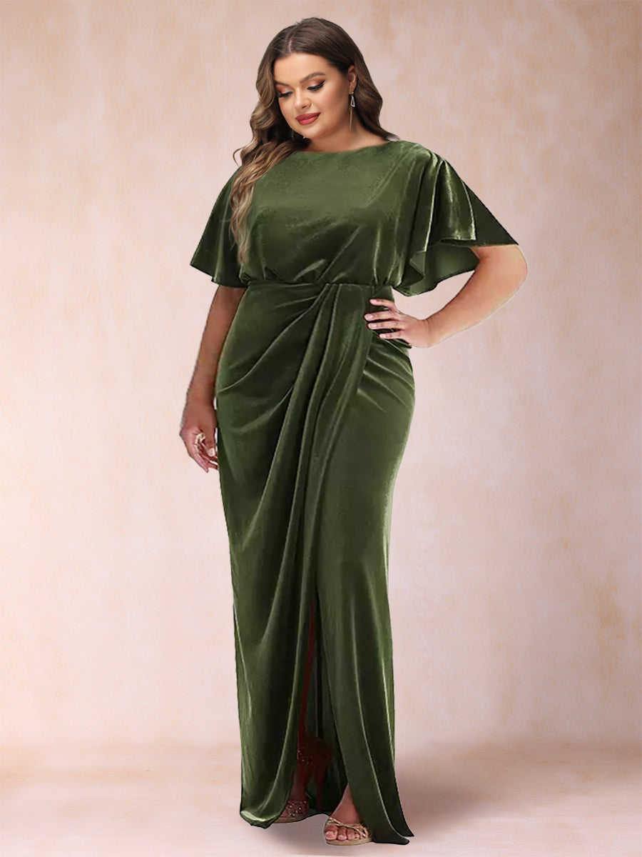 Sheath/Column Scoop Short Sleeves Plus Size Evening Dresses with Split Side & Ruffles