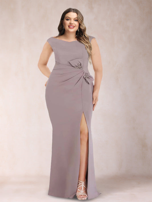 Sheath/Column V-Neck Sleeveless Ruched Plus Size Evening Dresses with Split Side & Bow(s)