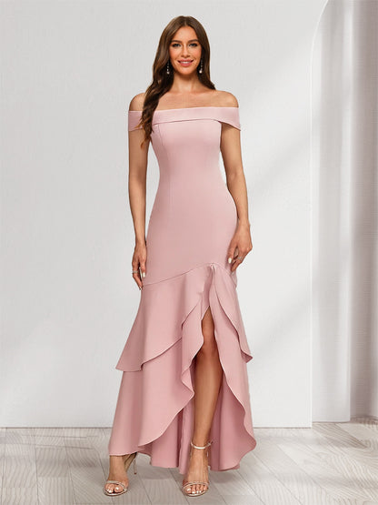 Trumpet/Mermaid Off-the-Shoulder Sleeveless Evening Dresses with Split Side & Ruffles