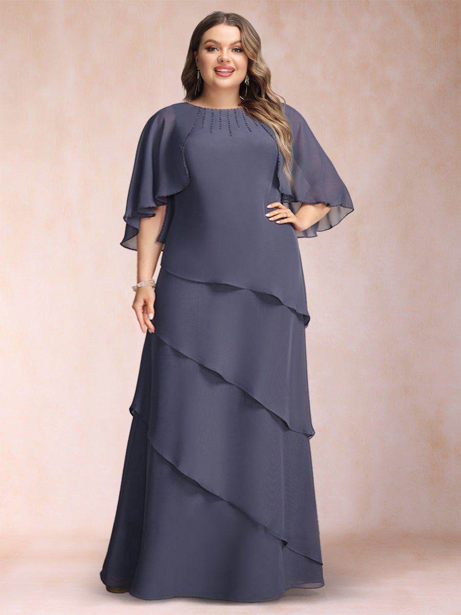 A-Line/Princess Scoop Half Sleeves Plus Size Mother of the Bride Dresses with Ruffles & Beading