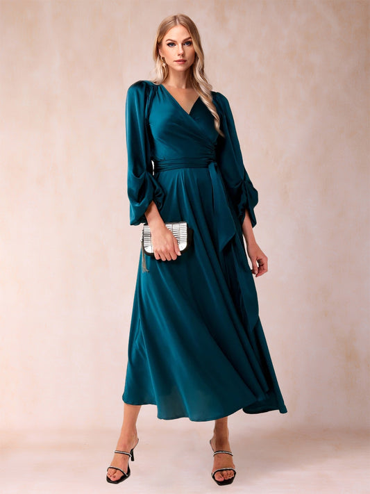 A-Line/Princess V-Neck 3/4 Sleeves Tea-Length Mother of the Bride Dresses with Belt