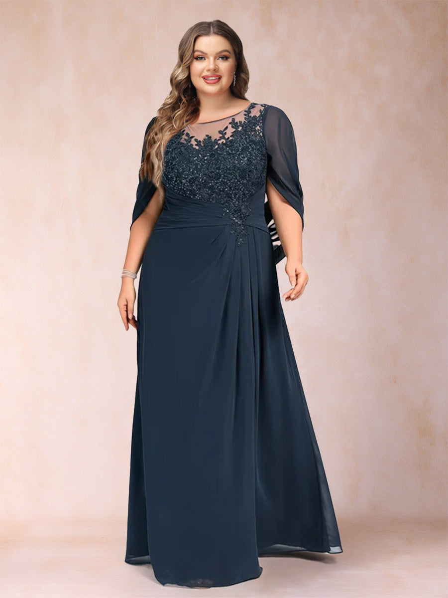 A-Line/Princess Scoop Half Sleeves Plus Size Mother of the Bride Dresses with Appliques & Ruffles