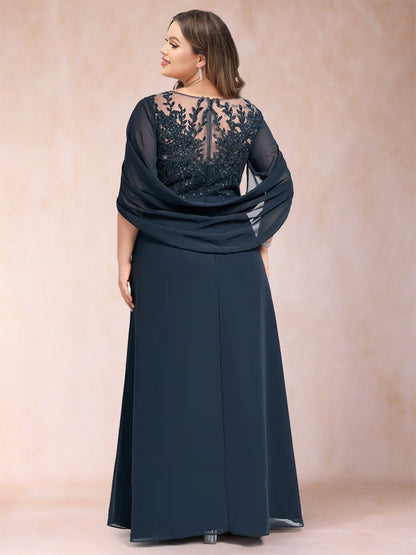 A-Line/Princess Scoop Half Sleeves Plus Size Mother of the Bride Dresses with Appliques & Ruffles