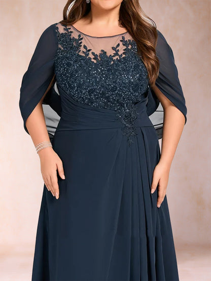 A-Line/Princess Scoop Half Sleeves Plus Size Mother of the Bride Dresses with Appliques & Ruffles