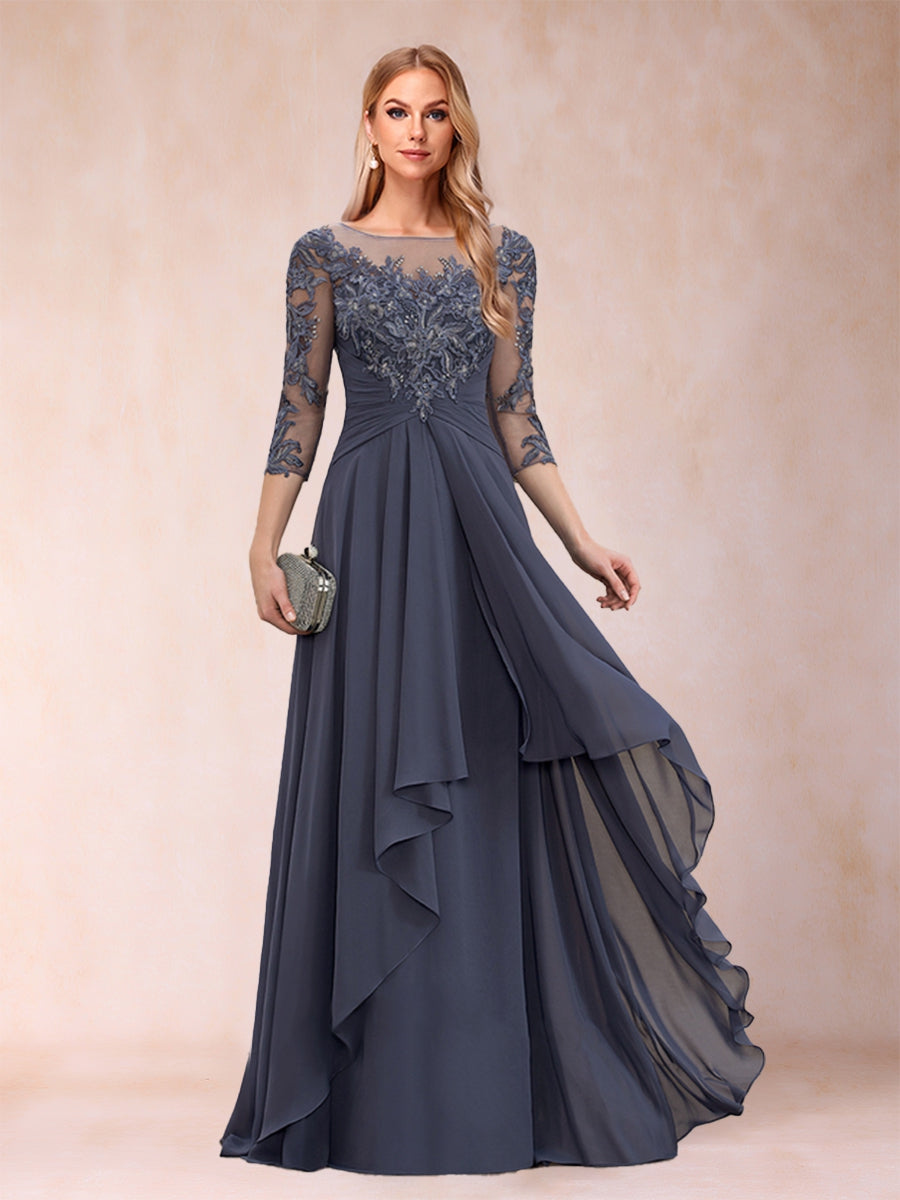 A-Line/Princess Scoop 3/4 Sleeves Chiffon Mother of the Bride Dresses with Appliques & Ruffles