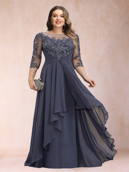 A-Line/Princess Scoop 3/4 Sleeves Chiffon Plus Size Mother of the Bride Dresses with Appliques & Ruffles