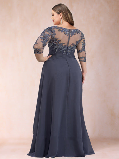 A-Line/Princess Scoop 3/4 Sleeves Chiffon Plus Size Mother of the Bride Dresses with Appliques & Ruffles