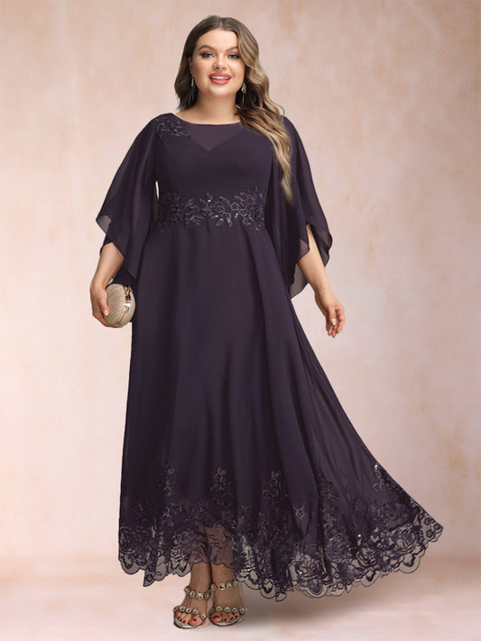 A-Line/Princess Scoop 3/4 Sleeves Ankle-Length Plus Size Mother of the Bride Dresses with Appliques