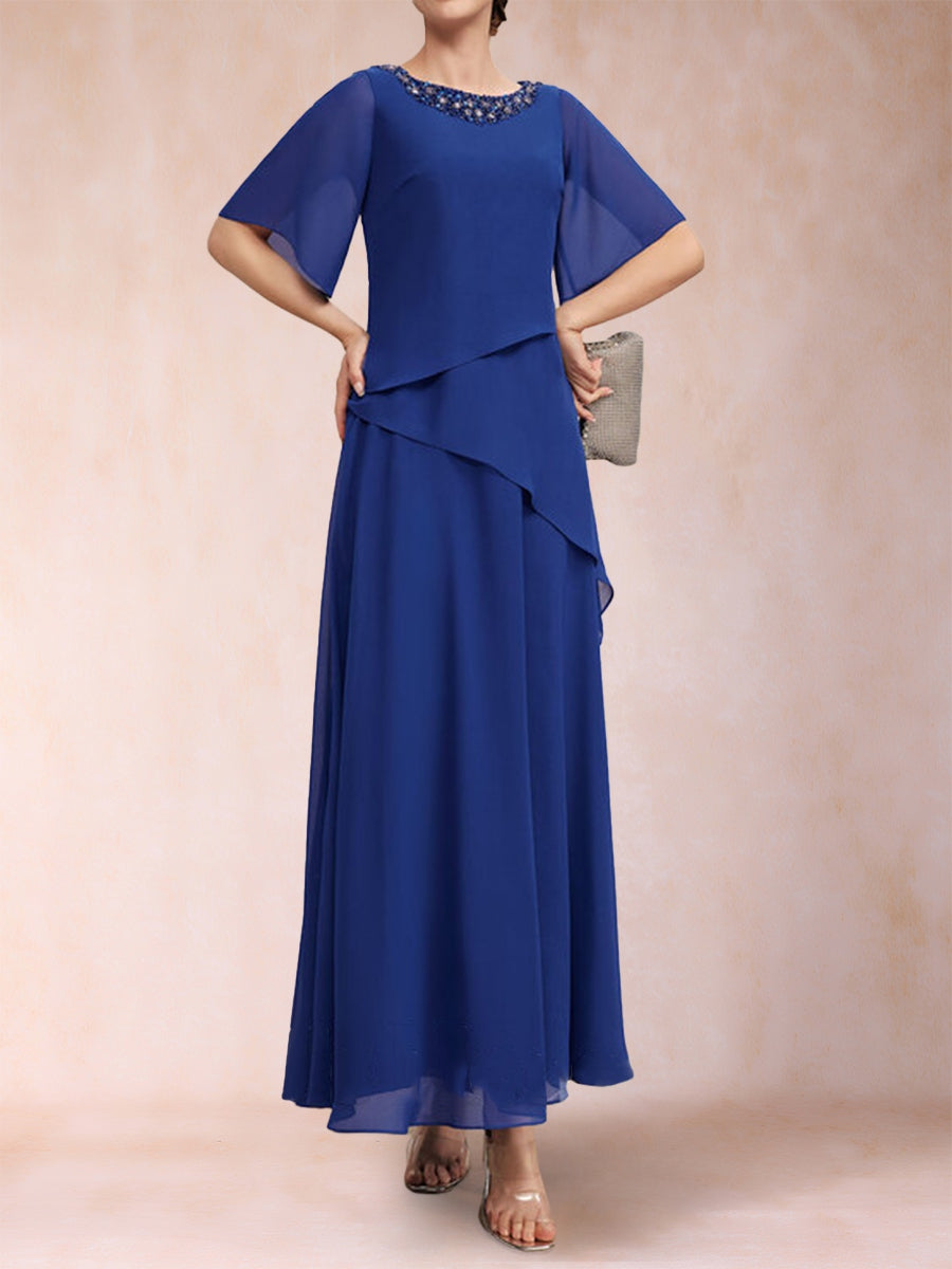 A-Line/Princess Scoop Half Sleeves Ankle-Length Mother of the Bride Dresses with Rhinestone