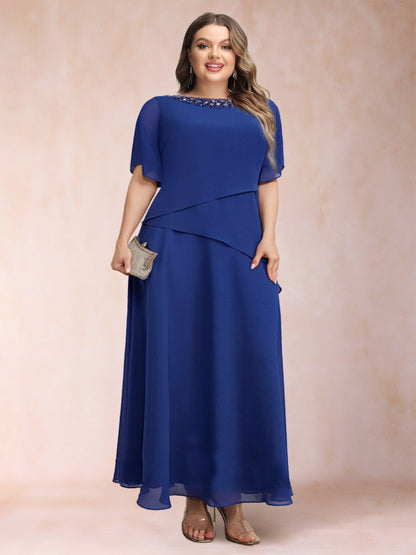 A-Line/Princess Scoop Half Sleeves Ankle-Length Plus Size Mother of the Bride Dresses with Rhinestone