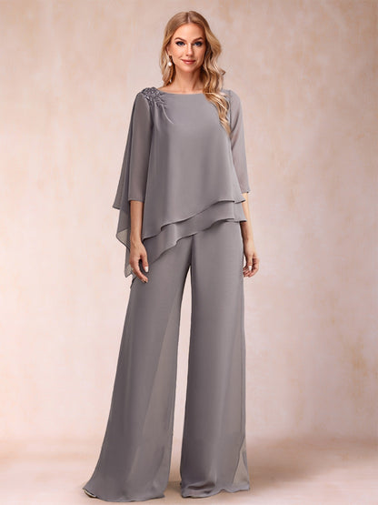 Chiffon Scoop 3/4 Sleeves 2 Pieces Ruched Pantsuits with Rhinestone