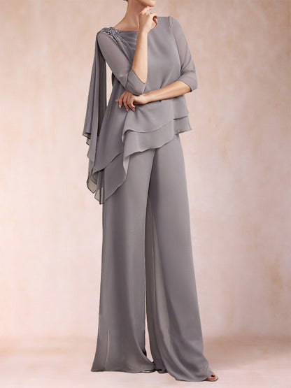 Chiffon Scoop 3/4 Sleeves 2 Pieces Ruched Pantsuits with Rhinestone