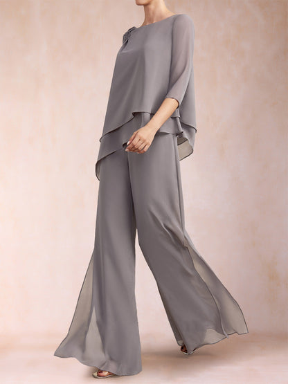 Chiffon Scoop 3/4 Sleeves 2 Pieces Ruched Pantsuits with Rhinestone