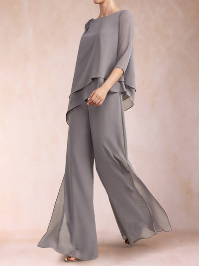 Chiffon Scoop 3/4 Sleeves 2 Pieces Ruched Pantsuits with Rhinestone