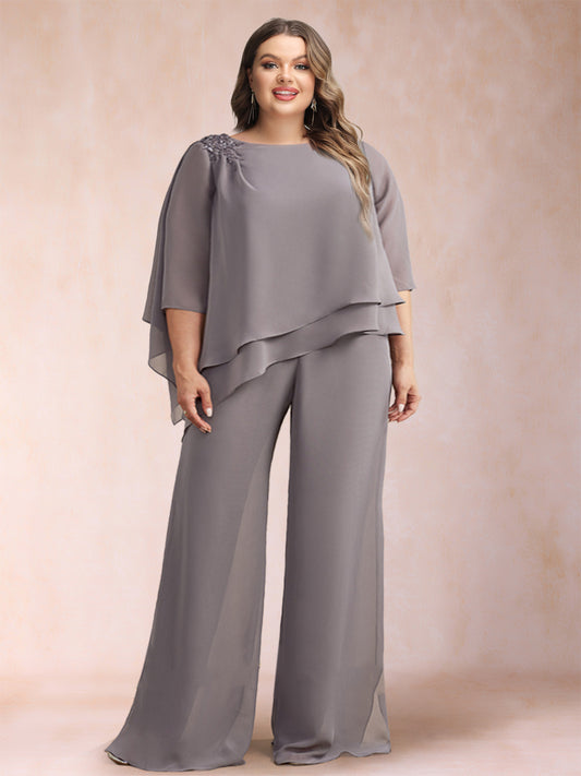 Chiffon Scoop 3/4 Sleeves 2 Pieces Ruched Plus Size Pantsuits with Rhinestone