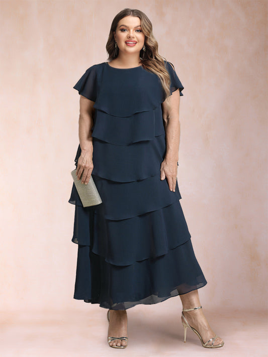 A-Line/Princess Scoop Short Sleeves Plus Size Mother of the Bride Dresses with Ruffles