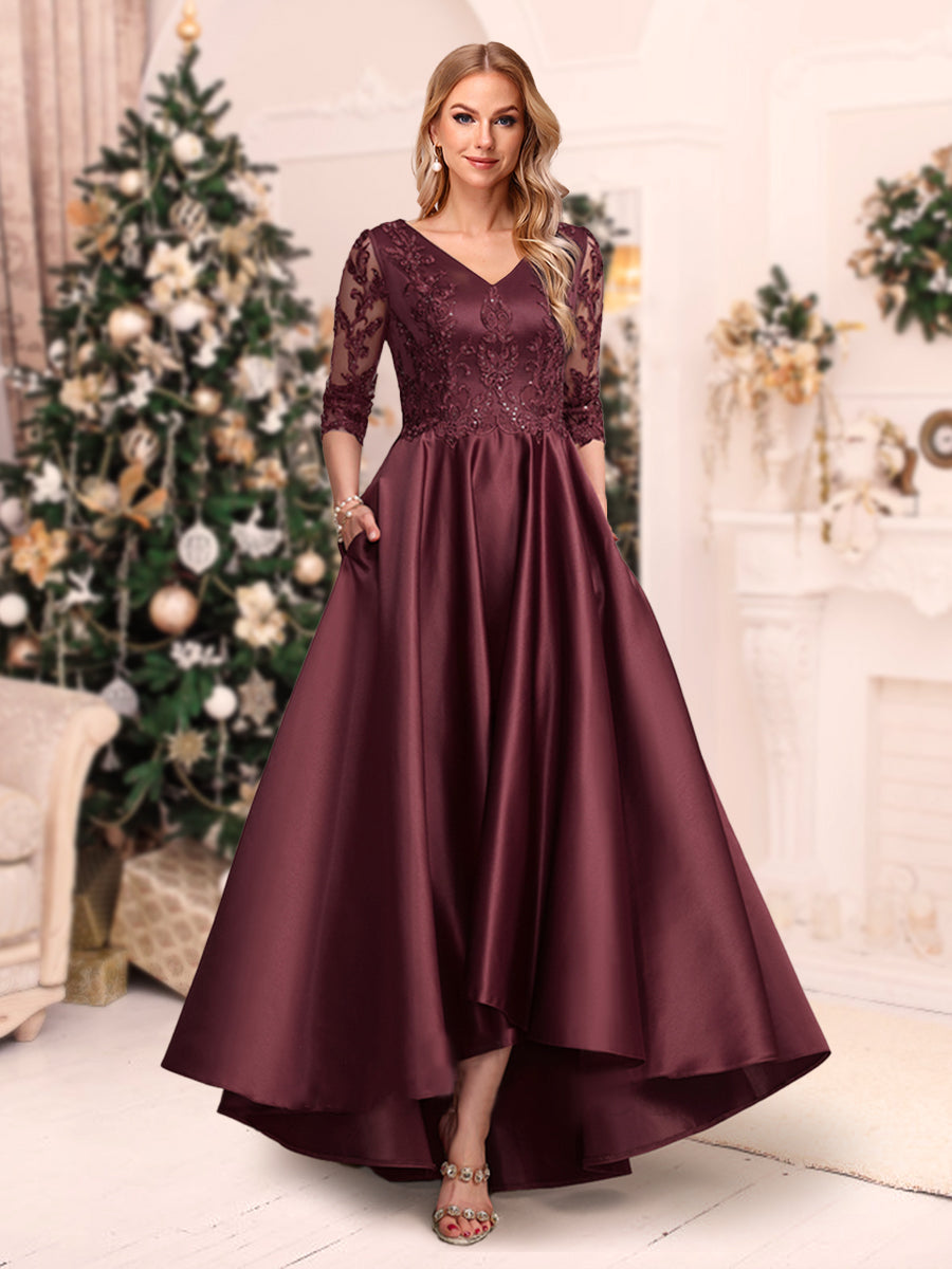 A-Line/Princess V-Neck 3/4 Sleeves Asymmetrical Christmas Dresses with Appliques