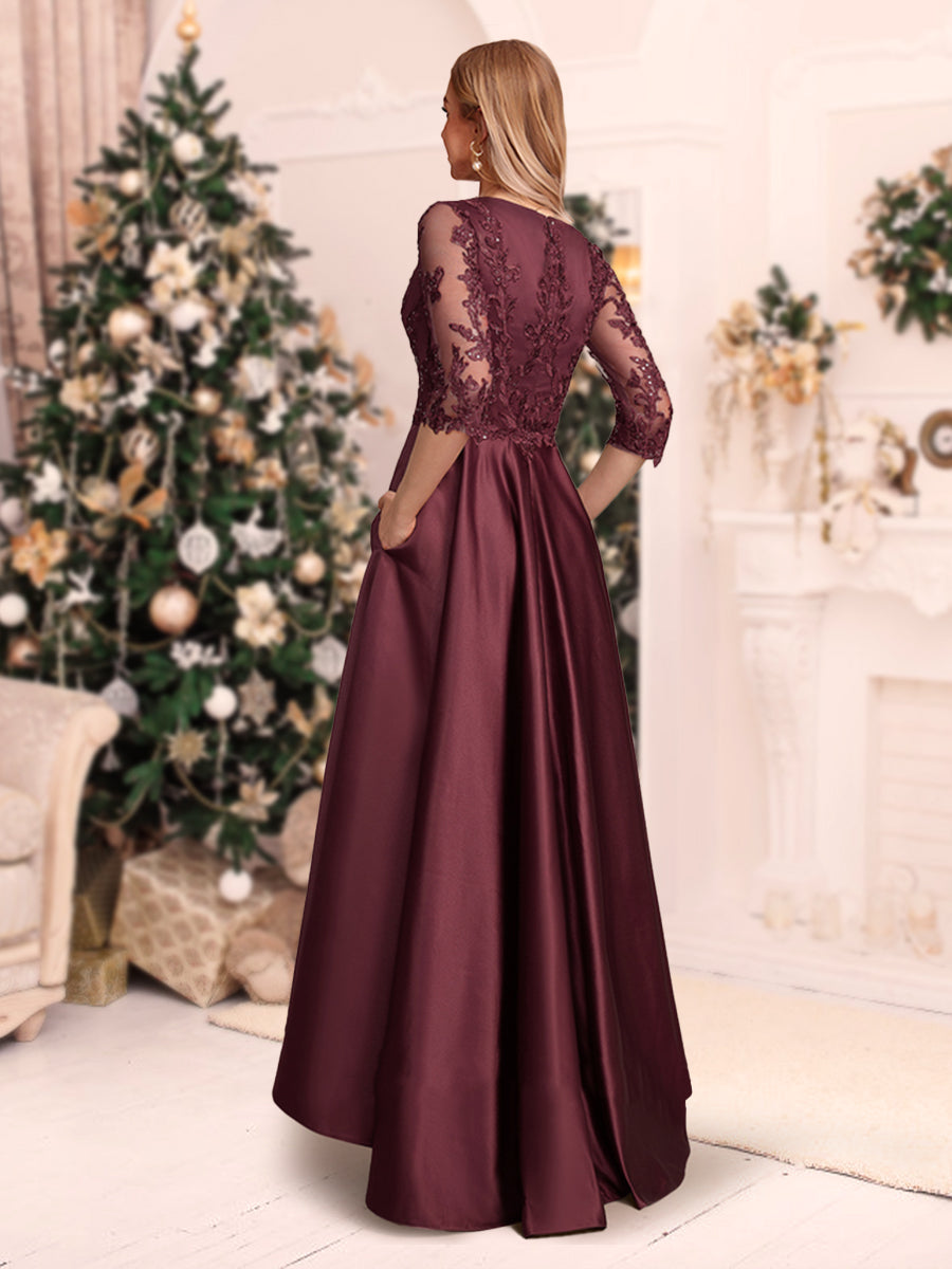 A-Line/Princess V-Neck 3/4 Sleeves Asymmetrical Christmas Dresses with Appliques