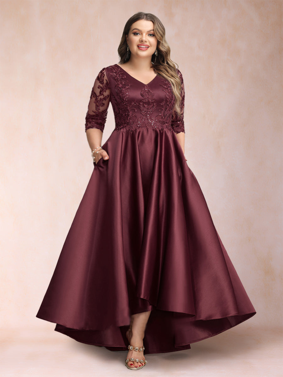 A-Line/Princess V-Neck 3/4 Sleeves Asymmetrical Plus Size Mother of the Bride Dresses with Appliques