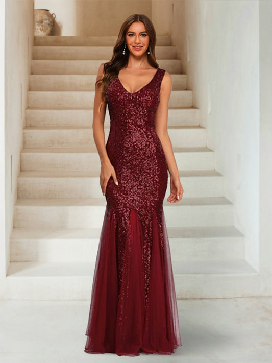 Sparkly Trumpet/Mermaid V-Neck Sleeveless Floor-Length Bridesmaid Dresses