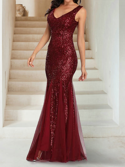 Sparkly Trumpet/Mermaid V-Neck Sleeveless Floor-Length Bridesmaid Dresses