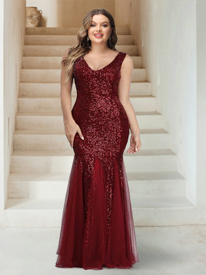 Sparkly Trumpet/Mermaid V-Neck Sleeveless Floor-Length Plus Size Bridesmaid Dresses