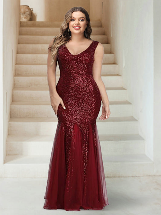 Sparkly Trumpet/Mermaid V-Neck Sleeveless Floor-Length Plus Size Bridesmaid Dresses