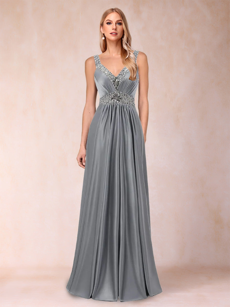 A-Line/Princess V-Neck Sleeveless Ruched Evening Dresses with Delicate Rhinestone