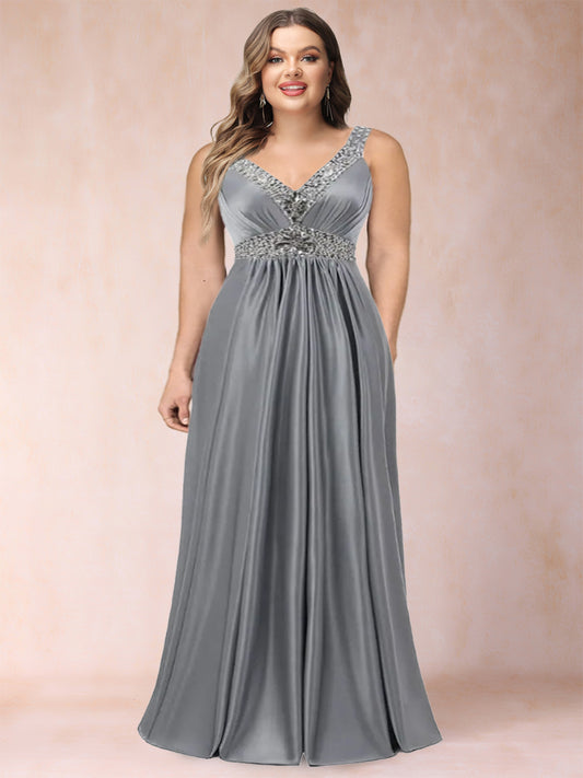 A-Line/Princess V-Neck Sleeveless Ruched Plus Size Evening Dresses with Delicate Rhinestone