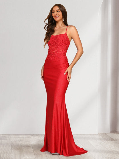 Trumpet/Mermaid Spaghetti Straps Ruched Satin Evening Dresses with Appliques