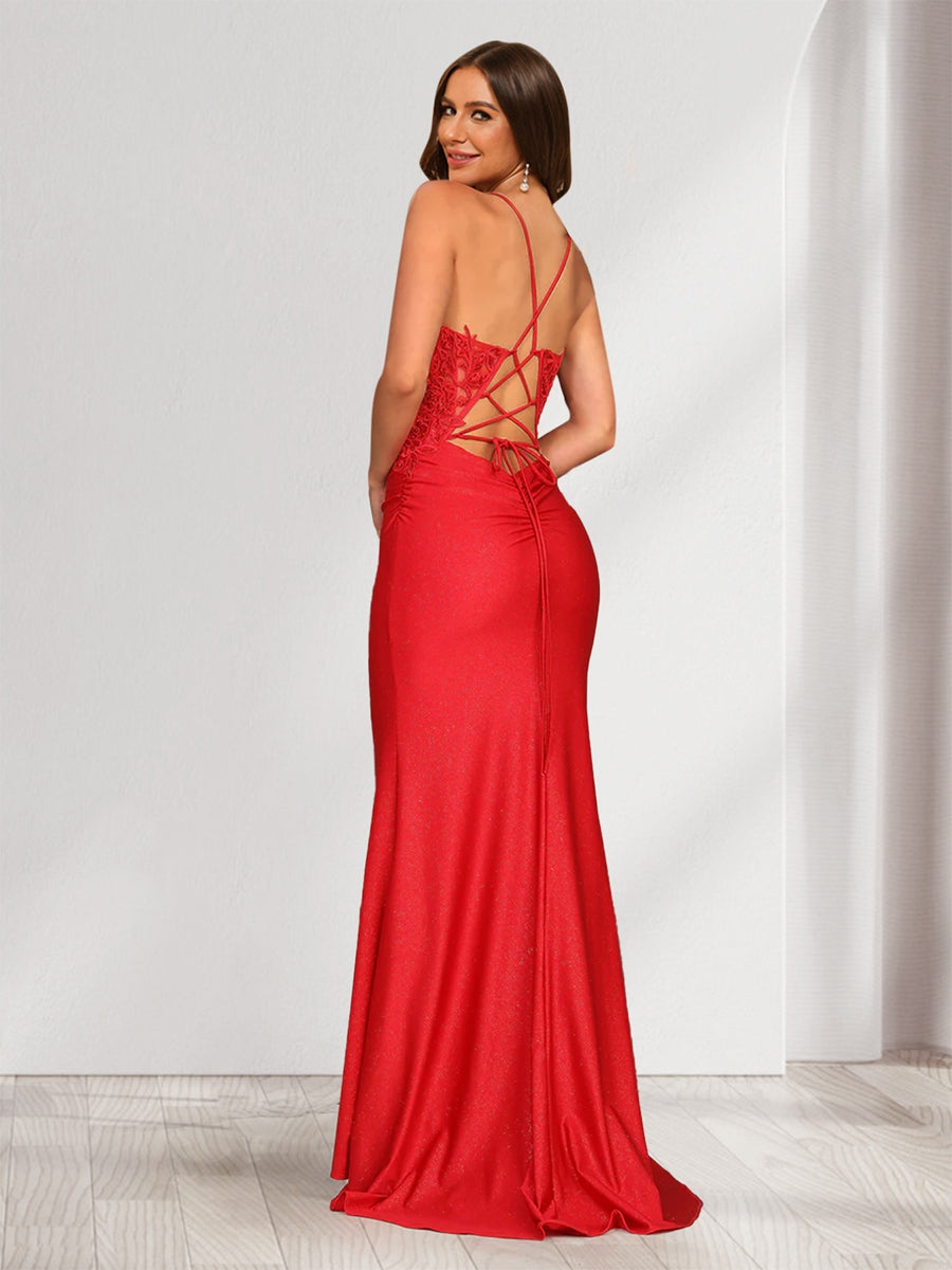 Trumpet/Mermaid Spaghetti Straps Ruched Satin Evening Dresses with Appliques