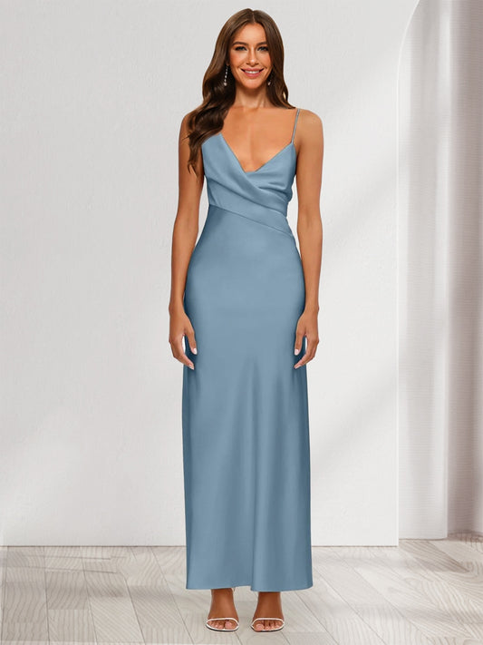 Sheath/Column V-Neck Ruched Ankle-Length Satin Evening Dresses