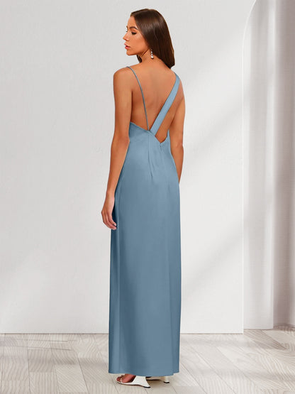 Sheath/Column V-Neck Ruched Ankle-Length Satin Evening Dresses