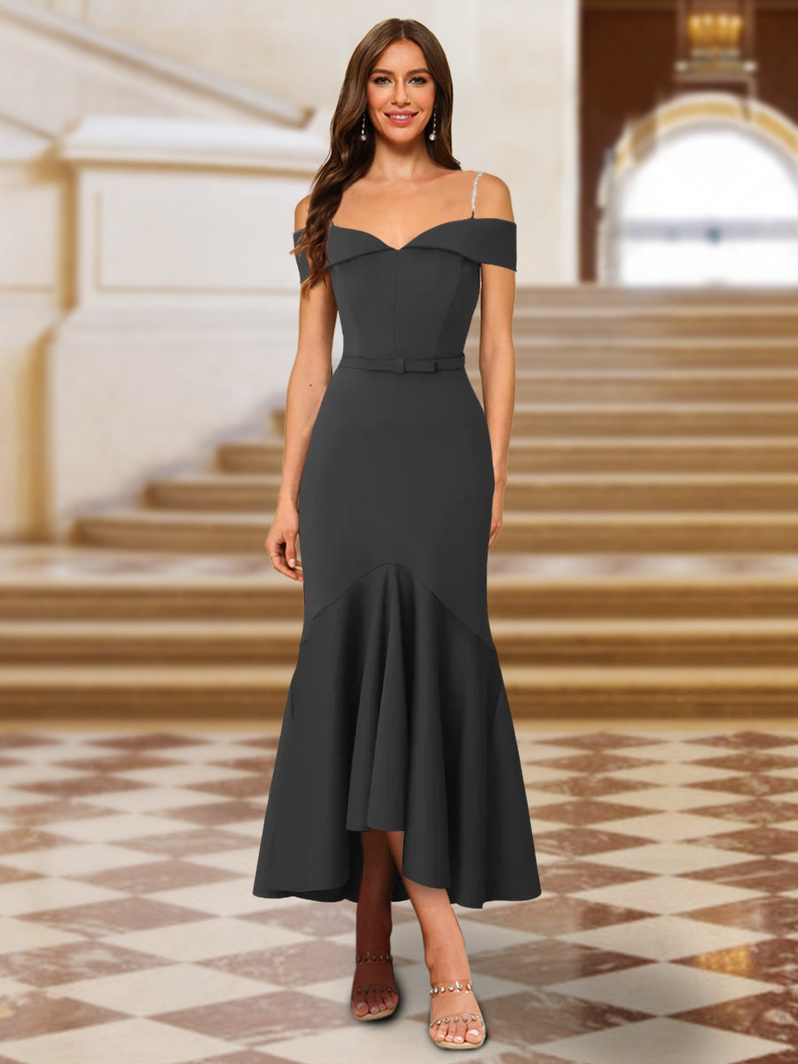 Trumpet/Mermaid Off-the-Shoulder Asymmetrical Evening Dresses with Sash & Ruffles