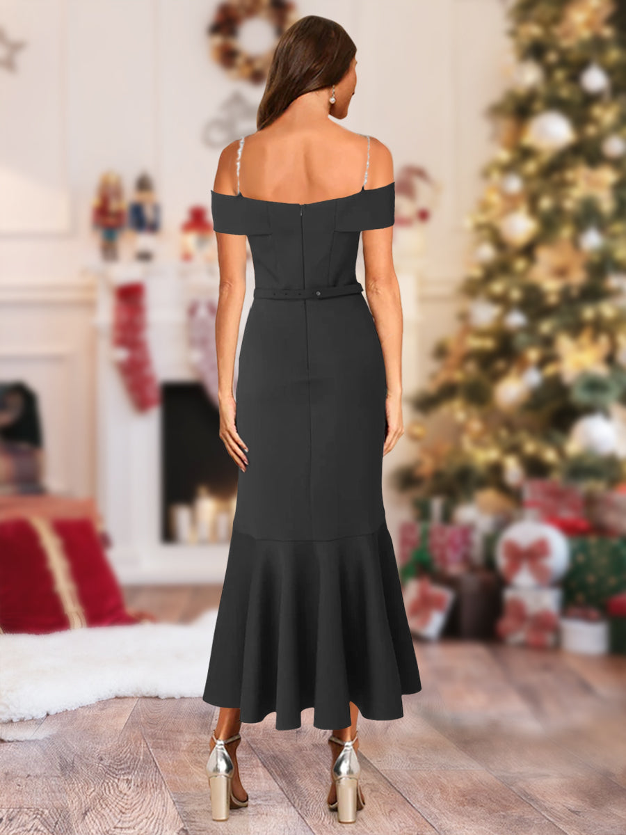 Trumpet/Mermaid Off-the-Shoulder Asymmetrical Christmas Dresses with Sash & Ruffles