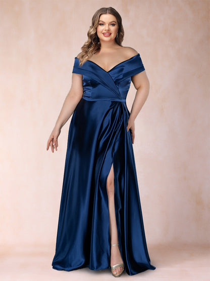 A-Line/Princess Off-the-Shoulder Ruched Plus Size Mother of the Bride Dresses with Split Side