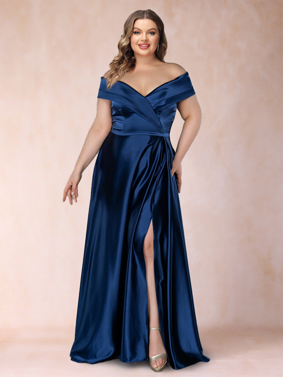 A-Line/Princess Off-the-Shoulder Ruched Plus Size Mother of the Bride Dresses with Split Side