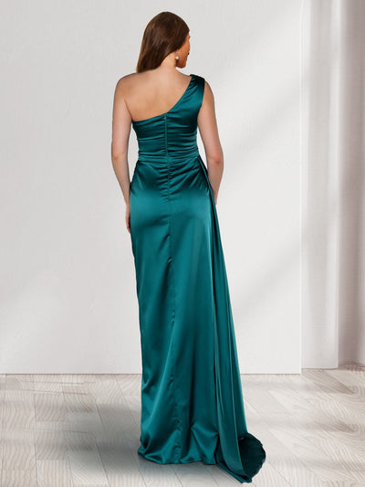 Sheath/Column One-Shoulder Sleeveless Ruched Bridesmaid Dresses with Split Side