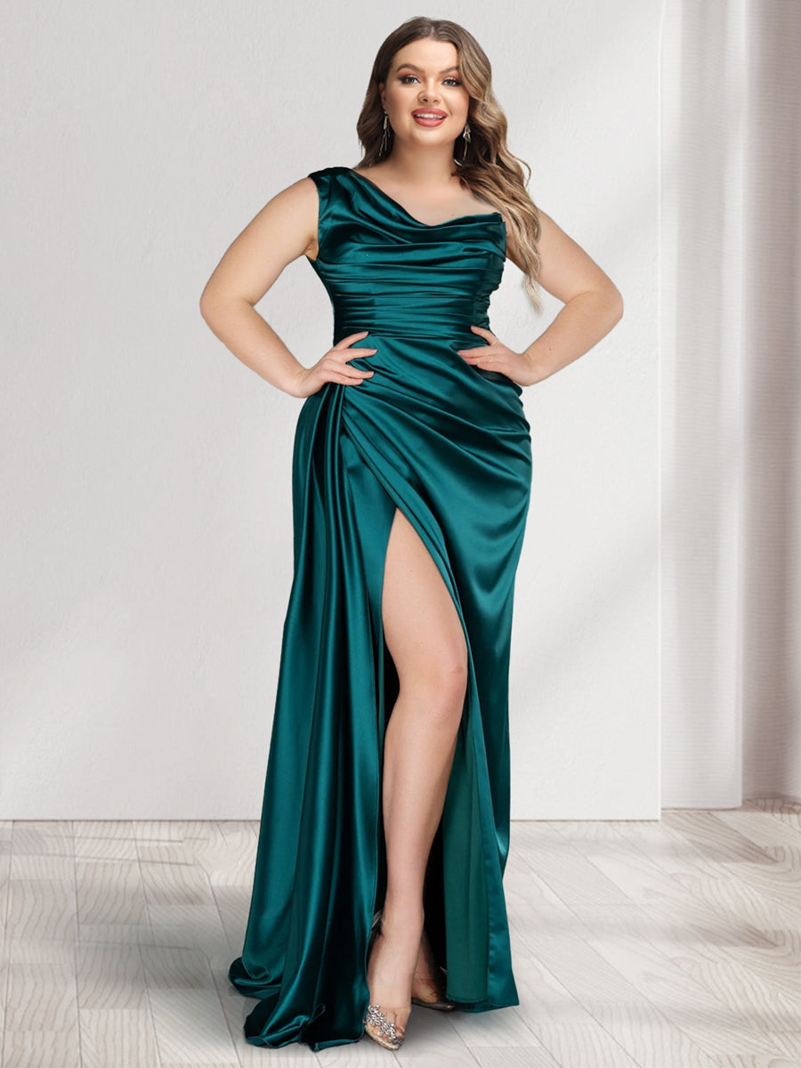 Sheath/Column One-Shoulder Sleeveless Ruched Plus Size Bridesmaid Dresses with Split Side